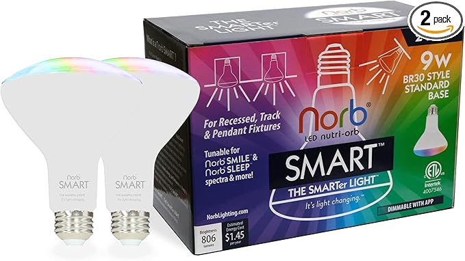 Norb SMART Light Bulb, Tunable Wellness Circadian Rhythm LED, Full Spectrum White & Color Changing, Alexa & Google Home Compatible, Dimmable, BR30, 9W, for Home Automation, WiFi, Bluetooth (2-Pack)