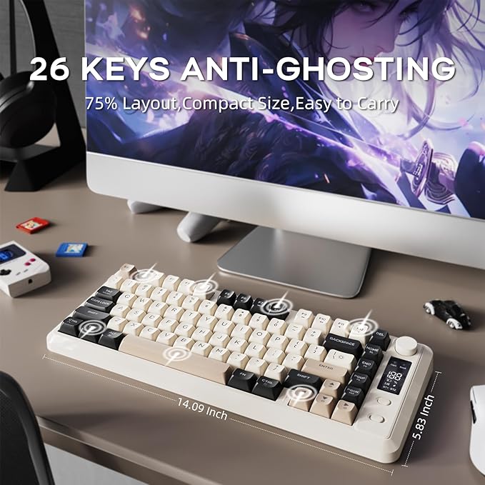 FREEWOLF M75 Wireless Gaming Keyboard Mechanical Feel Membrane with Knob & OLED Display Bluetooth/2.4Ghz Rainbow Backlit Gradient PBT Keycaps 2000mAH Battery Anti-Ghosting-Cheese