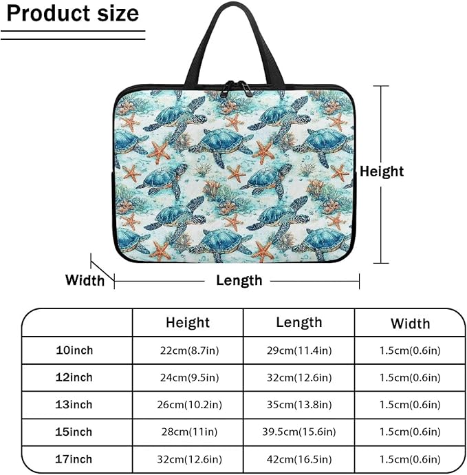 15 Inch Sea Turtle Starfish Laptop Sleeve, Lightweight Laptop Cover Computer Bag Tablet Carrying Case with Handle, Waterproof Tote Bags Notebook Case Handbag Briefcase for Men Women