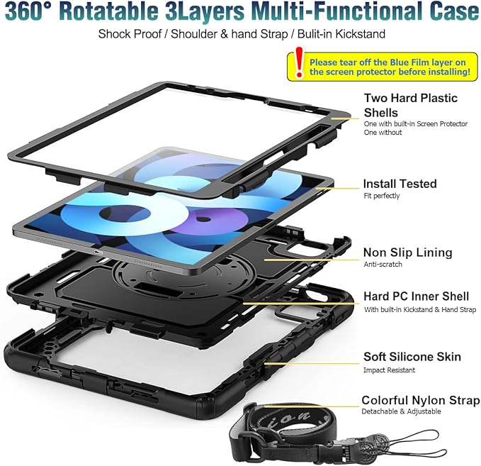 SEYMAC stock Case for iPad Air 5th/4th Generation/Pro 11 (4th/3rd/2nd) with Screen Protector Pen Holder, 360° Rotate Hand Strap/Stand Case for iPad Air 5th/4th Gen 10.9''/ Pro 11'' (Black)