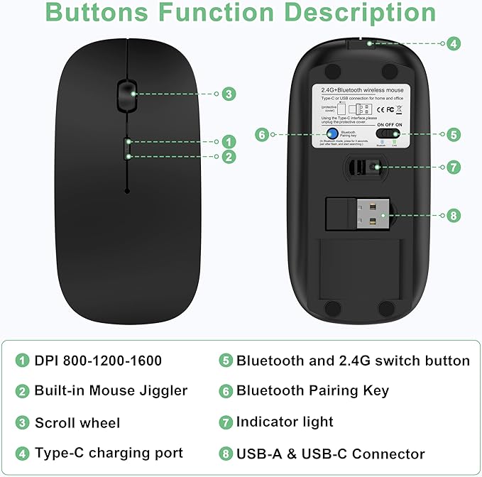 Wireless Mouse for MacBook Pro/Air, Bluetooth Rechargeable Mouse with USB-C, Slim Mouse Jiggler for iPad/iMac/Laptop/PC, 2.4G Dual Mode, Silent Click, Compatible Mac OS/Windows, Black
