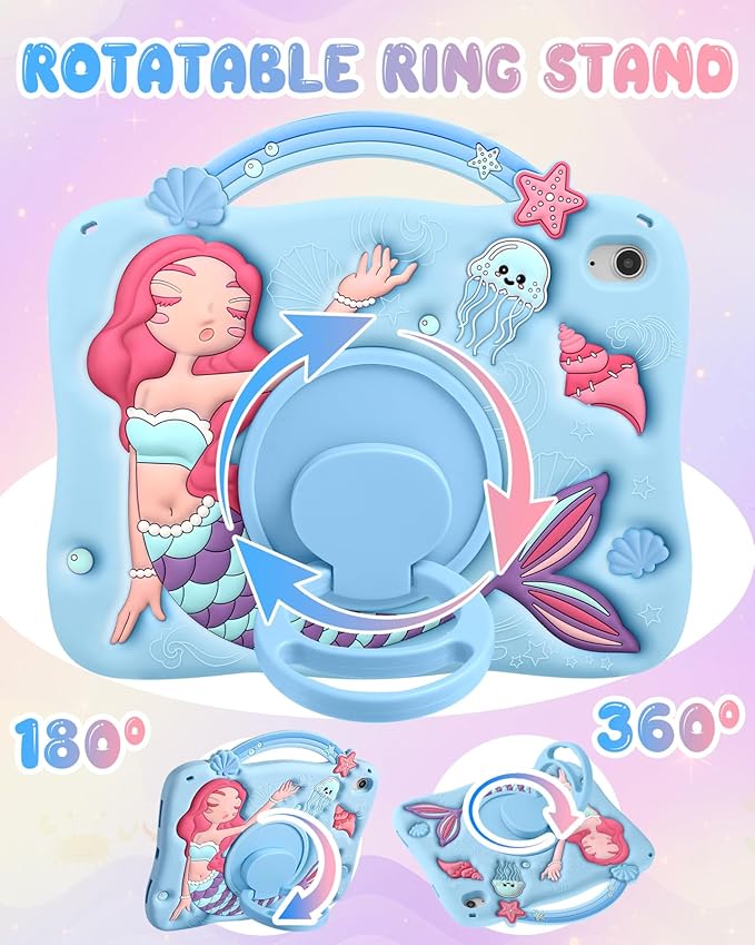 Boaretiu for iPad 10th Generation Case - Girls Teens Cute Cartoon Blue Mermaids 10.9 Inch 2022 Tablet Cover with Strap & Rotating Stand Soft 3D Silicone Funda for iPad 11th 11 Inch 2025