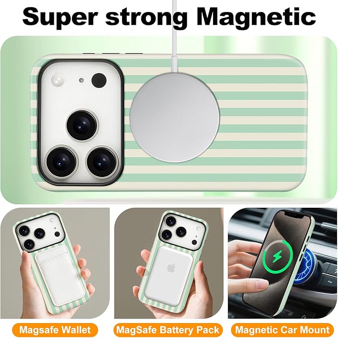 Magnetic for iPhone 17 Pro Max Case Cute Stripes Phone Case, Shockproof Slim TPU and Hard PC Protective Phone Cover Compatible with MagSafe Designed for Women Girls, Light Green