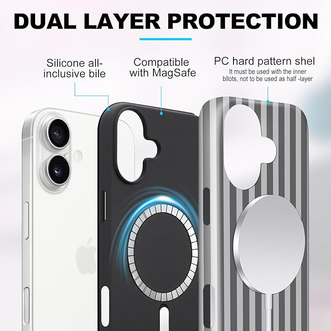Magnetic for iPhone 17 Case Cute Stripes Phone Case, Shockproof Slim TPU and Hard PC Protective Phone Cover Compatible with MagSafe Designed for Women Girls, Gray