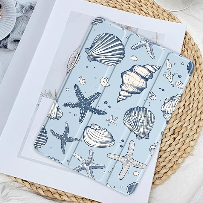 JOYLAND Sea Shells Case for iPad Pro 13-inch (M4) 2024, Clear Acrylic Hard Back Ice Blue Case with Pencil Holder Trifold Stand Tablet Cover (Model Number:A2925/A2926/A3007)