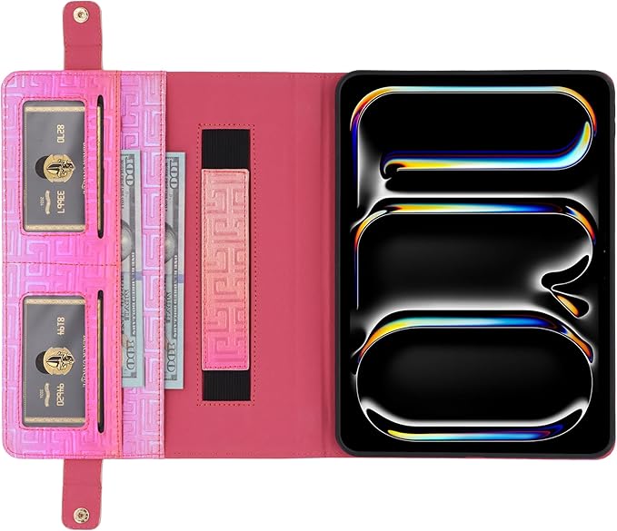 Shiny Case for iPad Pro 13" M5 M4 (2025/2024) Handbag Case, Techcircle Iridescent PU Leather Folio Envelope Pocket Stand Cover with Hand Strap+Shoulder Strap+Pencil Holder+Card Slots, Shiny Rose Pink