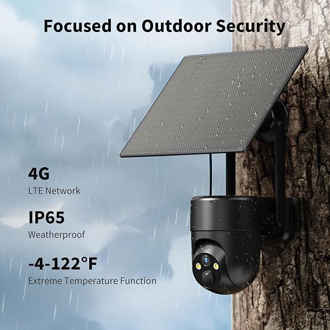 ELYSOO 4G LTE Cellular Security Camera, 2K Resolution, Color Night Vision, 360° View, Solar Powered, Built-in SIM Card, No Wi-Fi Needed