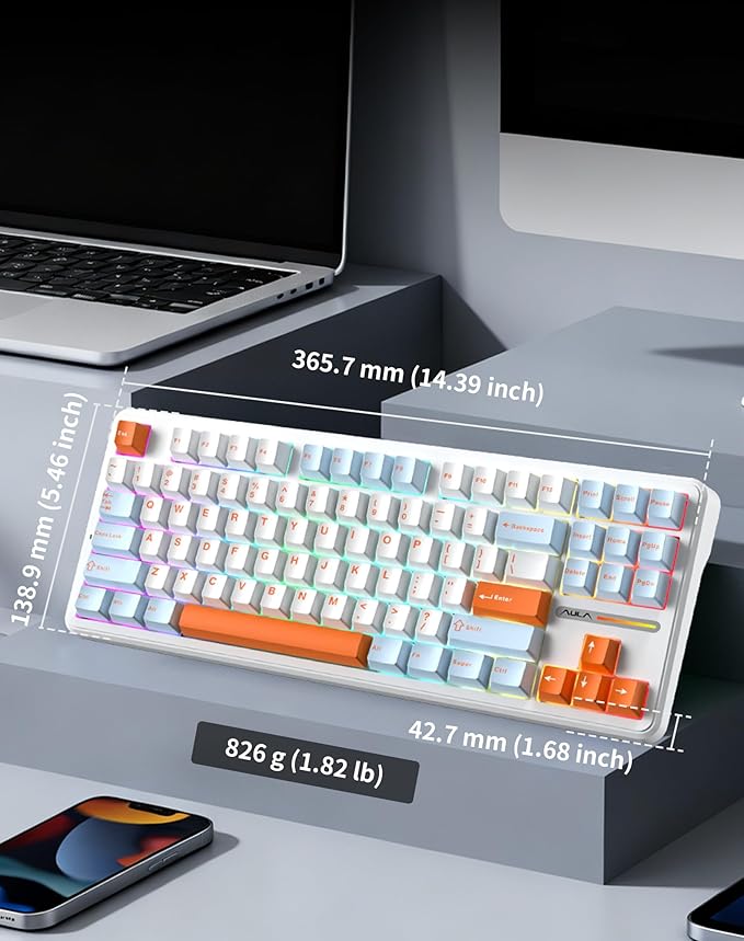Aula F87 Pro Wireless Mechanical Keyboard, 87-Key TKL Tri-Mode (BT5.0/2.4G/USB-C), Hot Swappable Gasket Mount Keyboard, 4000mAh Battery, RGB Backlit PBT Keycaps Custom Gaming Keyboard for PC Mac