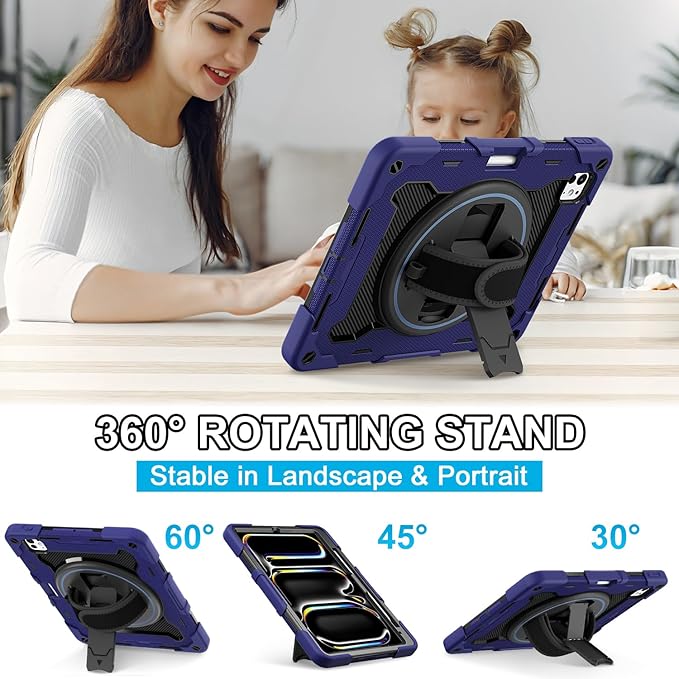 iPad Pro 11 Inch Case M5 2025/M4 2024, Heavy Duty Shockproof Protective Case with Screen Protector, 360° Rotating Stand Hand Strap Shoulder Strap Kids Cover Apple Pencil Holder
