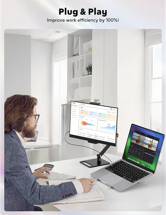15.6” Portable Monitor with Adjustable Stand, 1080P FHD IPS Screen Extender, Laptop Stand & Smart Cover Included, Ultra Slim Travel Monitor with Eye Protection, Plug and Play for Laptop/PC/Mac