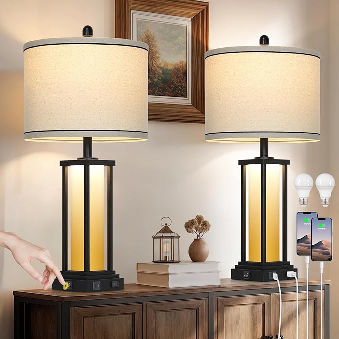 27in Tall Farmhouse Table Lamp Set of 2 with USB C+A & Outlet,Orange Industrial End Table Lamp for Living Room,Vintage Rustic Bedside Lamps with Night Light for Bedroom Nightstand