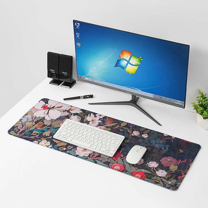 White Flowers Mouse Pad,Large Mouse Pad, Soft Rubber Base, Non-Slip Surface,31.5x11.8x0.12inch Long Computer Keyboard Mouse Mat,Office Desk Mat,Gaming Mousepad