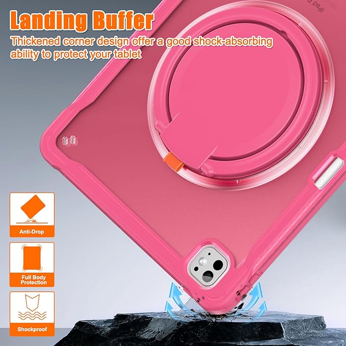 Batianda for iPad Pro 13 inch Case 2025 M5 2024 M4 Chip Lightweight Dual-Layer Protective Tablet Cover, Durable Shock-Absorbing Corners with 360° Rotating Kickstand Ring Built-in Pen Slot, Pink