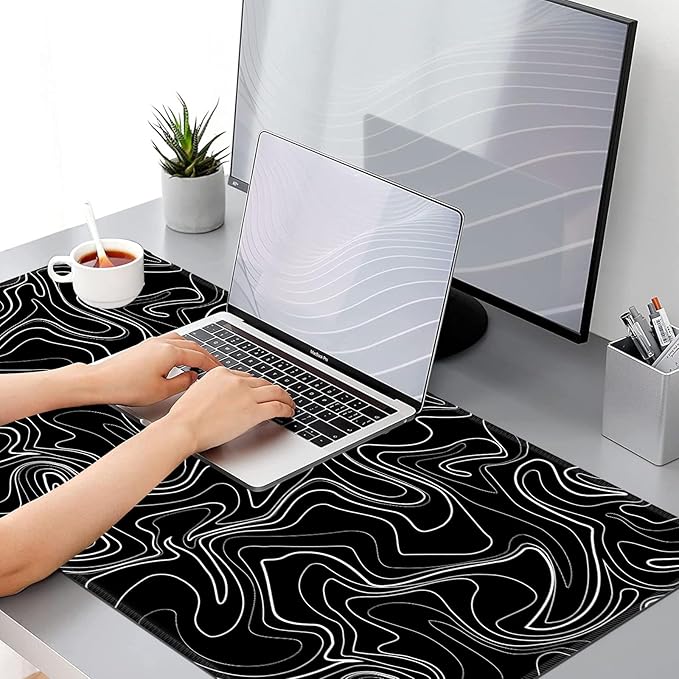 Topographic Map Large Mouse Pad, Black White Desk Pad for Keyboard and Mouse, 31.5" X 15.7" Computer Gaming Mouse Mat with Non-Slip Rubber Stitched Edge for Laptop Gamer, Black Lines Contour