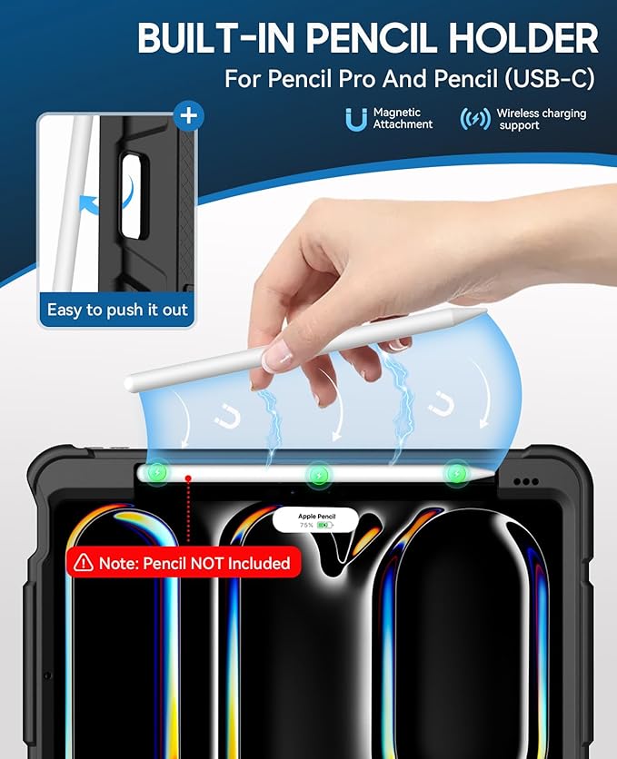 Case for iPad Pro 11 Inch Case (M5 2025/ M4 2024) with Pencil Holder, Built-in Stand, Military Grade Shockproof Protective Cover for iPad Pro 11", Black