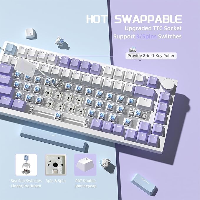 A.JAZZ Attack Shark AK820 75% Wired Mechanical Gaming Keyboard with Knob Hot Swappable Custom Gasket RGB Keyboard NKRO Linear Sea Salt Switch for PC/Win/Mac-Purple/Blue