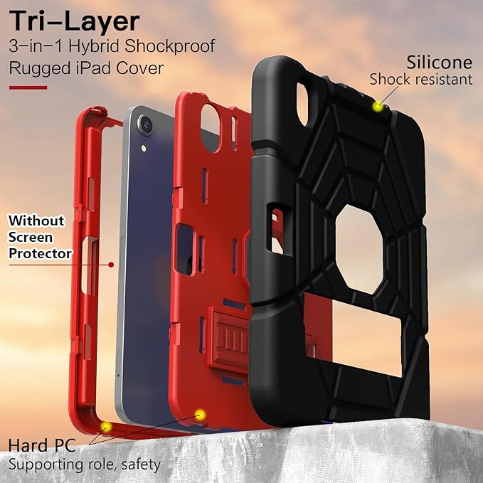 Grifobes Case for iPad mini 7th 2024 (A17 Pro) / Mini 6th Generation 2021 8.3", Heavy Duty Shockproof Cover with Pencil Holder Stand, for i Pad Mini 7/6 Gen 8.3 inch Case (Black+Red+Red)