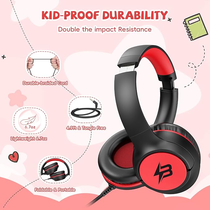 Kids Headphones Wired for School, 85/94dB Volume Limit, Wired Over Ear Headphones for Kids Boys Girls with Microphone, Stereo Sound 3.5mm Cord for Kindle Tablet Airplane Travel, Black Red