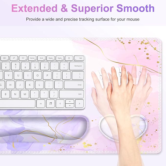 Large Gaming Mouse Pad Set, 4 in 1 Extended Keyboard Desk Mat with Wrist Rest, PC Computer Game Mousepad Set, Non-Slip Desk Pad Easy Typing Pain Relief for Home Office I Pink Purple Marble