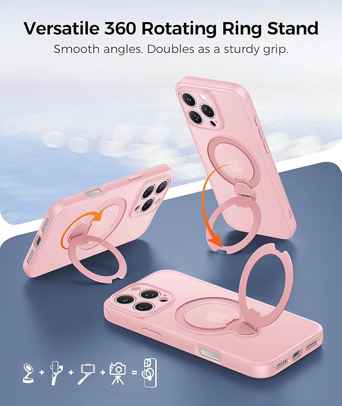 FNTCASE for iPhone 16 Pro-Max Case: [360 Spin Magnetic Stand] [Compatible with Magsafe] [Screen Protector] Translucent Matte Military Grade Shockproof Full Camera Protective Phone Cover - Pink