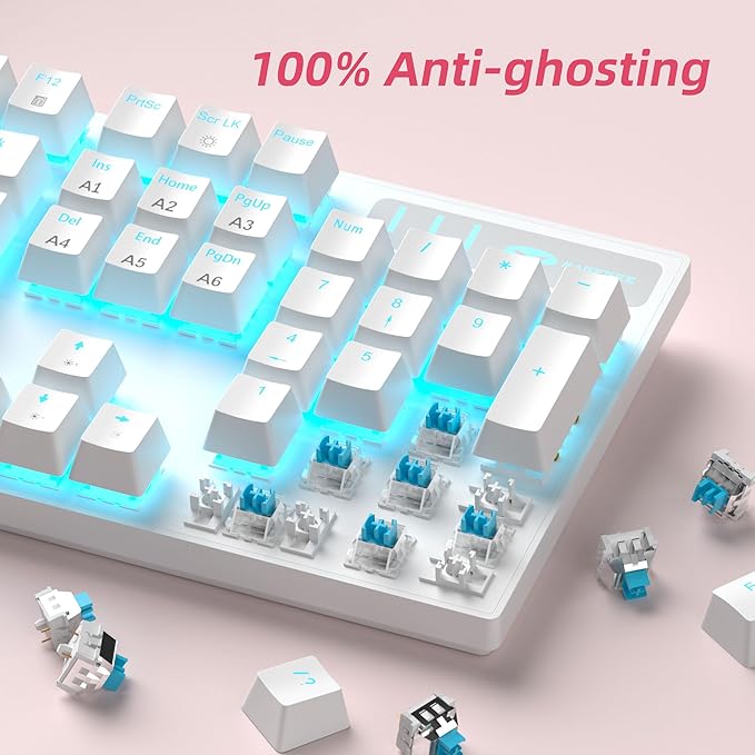 MageGee Mechanical Gaming Keyboard, Wired USB Adjustable Backlight Keyboard, New Mechanical Storm 100% Anti-ghosting Keyboards with Blue Switches for Windows PC/MAC Games (White)
