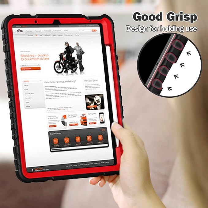 Grifobes Case for iPad Air 11-inch (M4/M3/M2) 2026/2025/2024, for iPad Air 5th/4th Generation 2022/2020 10.9", Heavy Duty Rugged Cover with Stand/Pencil Holder for i Pad Air 5 4 Gen(Black+Red)