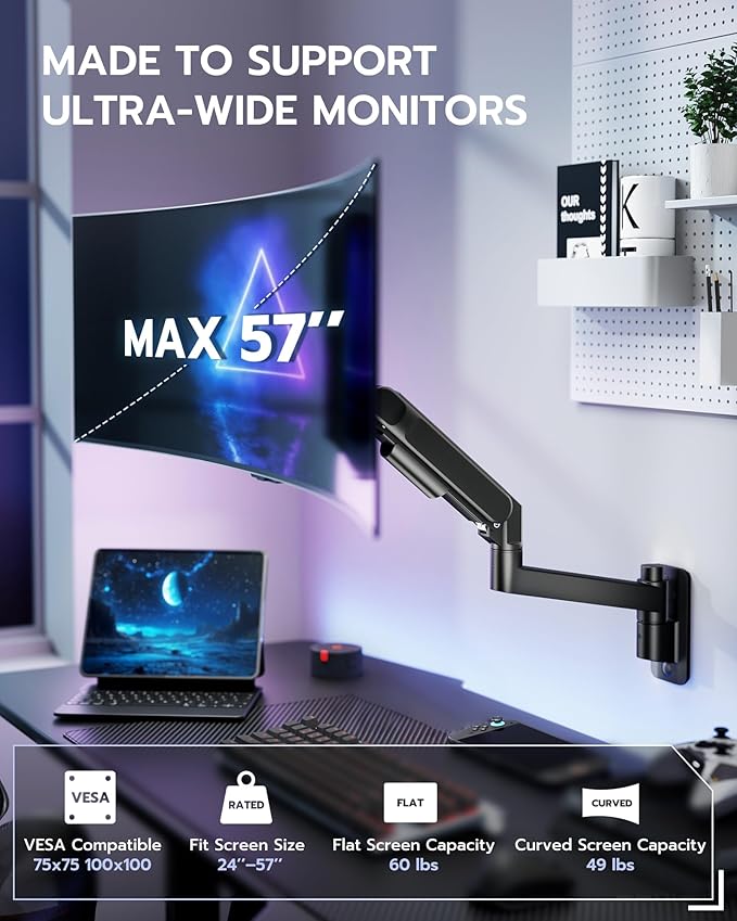 ARES WING Monitor Wall Mount for 24-57 Inch Ultrawide Gaming Screens, Premium Heavy Duty Monitor Arm Holds 60 lbs, Full Motion Gas Spring, Bearing Head for Easy Adjustment, 75/100 VESA Mount, Black