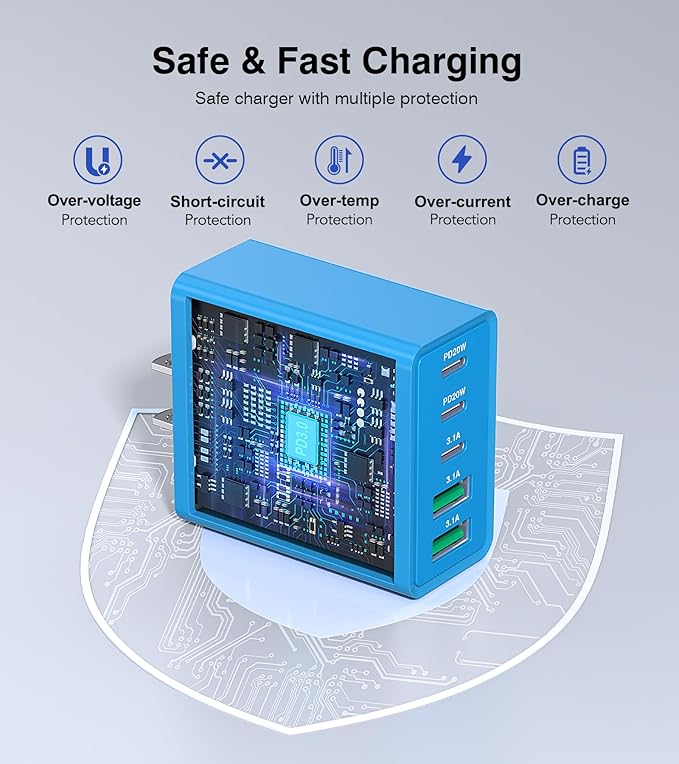 [50W/2Pack] Wall Charger, USB C Charger Block, 5-Port PD + QC 3.0 Fast Charging Power Plug Adapter Brick for Watch Series 10 9 8 7, for iPhone 17 16 15 14 13 Pro Max Airpod, Samsung Galaxy S25(Blue)