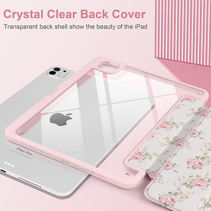 Case for iPad Pro 11 Inch (M5 2025 M4 2024) – [Built-in Pencil Holder], Shockproof & Stylish, Clear Hard Back + Soft TPU Edge, Magnetic Trifold Stand, Auto Wake/Sleep, Little Rose