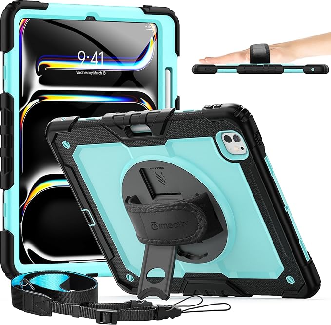 timecity Case for iPad Pro 13 Inch M5 2025 / M4 2024, 360° Rotating Stand, Pencil Holder & Wireless Charging, Shockproof with Screen Protector & Shoulder Strap - for Designers & Professionals, Blue