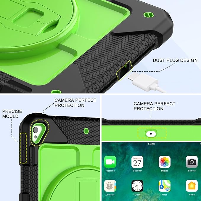 BMOUO Case for iPad 6th/5th Generation Case (9.7 inch, 2018/2017), 360°Rotating Stand, Hand/Shoulder Strap Shockproof iPad 9.7” Case for iPad Air 2, Black and Green