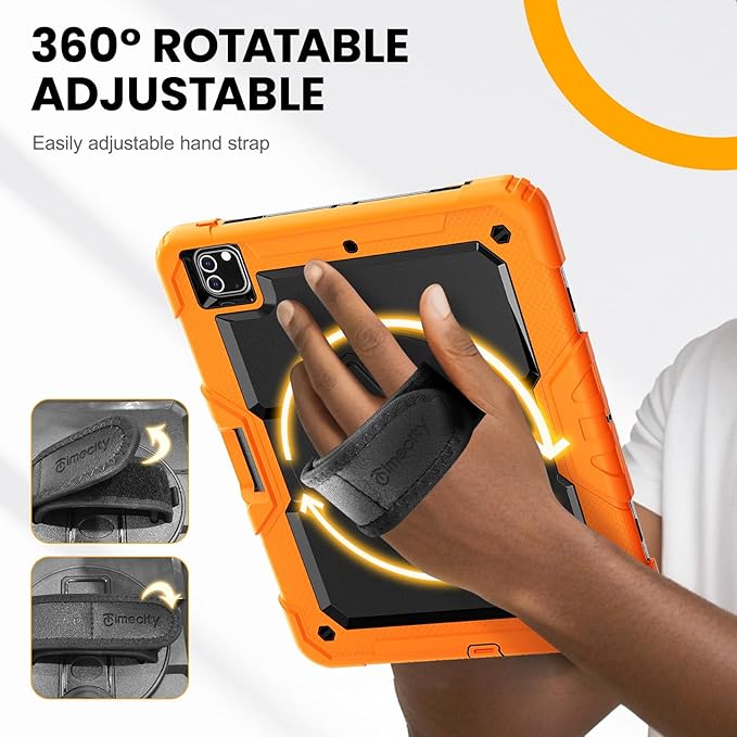 Timecity for iPad Pro 12.9 Case 6th/5th/4th/3rd Gen, 360° Rotating Stand, Pencil Holder & Wireless Charging, Shockproof with Screen Protector & Shoulder Strap - for Designers & Professionals - Orange