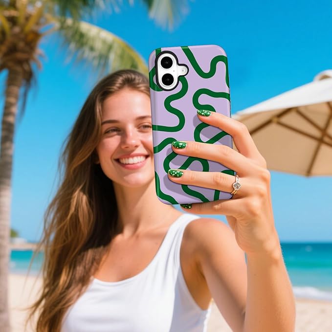 Magnetic for iPhone 16 Case Cute Curved Stripes Phone Case, Shockproof Slim TPU and Hard PC Protective Phone Cover Compatible with MagSafe Designed for Women Girls,Green