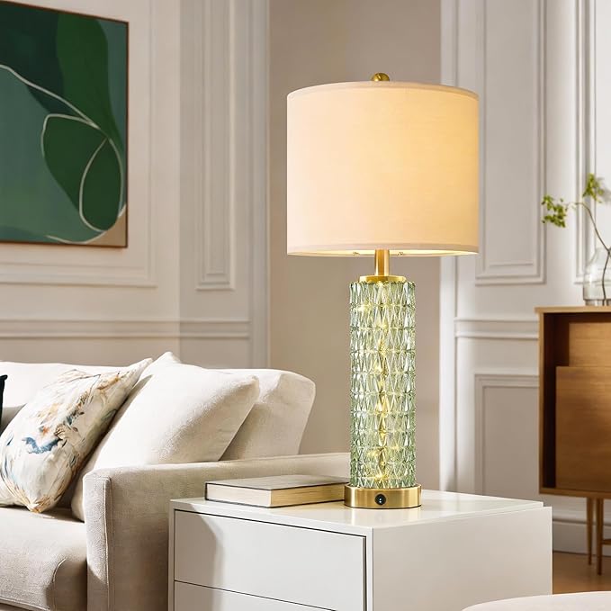 Oneach 27.75" Modern Table Lamps Set of 2, Green Bedside Lamp with Glass Nightlight, USB A+C, Unique Desk Lamps for Living Room, Bedroom, Nightstand, End Table (2 Bulbs Included)