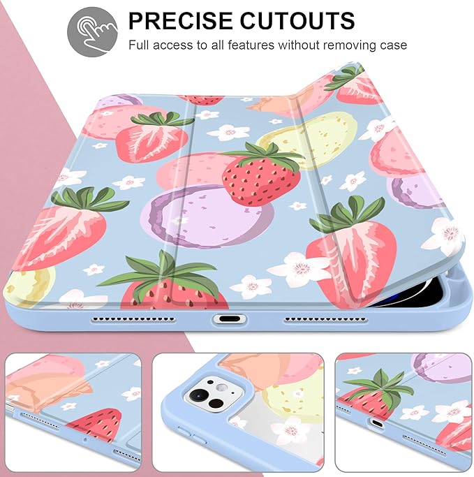 Case for iPad Pro 11 Inch (M5 2025 M4 2024) – [Built-in Pencil Holder], Shockproof & Stylish, Clear Hard Back + Soft TPU Edge, Magnetic Trifold Stand, Auto Wake/Sleep, Strawberry