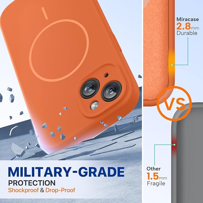 Miracase Magnetic for iPhone 15 Case, [Soft Anti-Scratch Microfiber Lining], Compatible with MagSafe, Liquid Silicone Case Shockproof Drop Protection Phone Case for 15,Orange