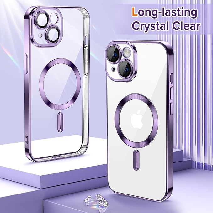 Hython Magnetic Clear for iPhone 15 Case with Camera Lens Protector [Compatible with MagSafe] Luxury Plating Edge Slim Soft TPU Cover Protective Phone Case for iPhone 15 6.1", Deep Purple