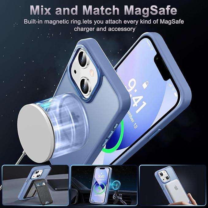 Newfuture Designed for iPhone 13 Case & iPhone 14 Case with Magnetic [13 FT Military Drop Protection] [Compatible with Magsafe] Slim Translucent Shockproof with Anti-Fingerprint Phone Case, Light Blue