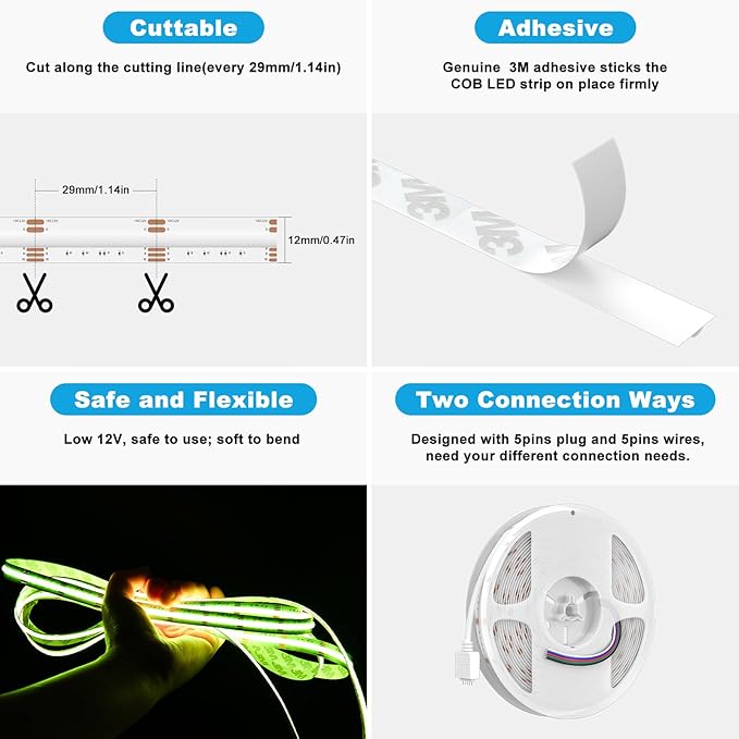 RGBW COB LED Strip Light 20ft RGB+2700K 12V Color Changing UL-Listed LED Light Strip Multicolored Flexible RGB Lights for Party Decoration Home DIY Lighting Projects(NO Adapter or Controller)