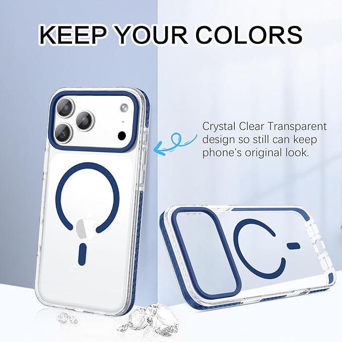 BENTOBEN Magnetic for iPhone 17 Pro Case 6.3", Compatible with Magsafe Military Shockproof Protective Cute Transparent Slim Anti-Yellowing Phone Case for iPhone 17 Pro Cover, Clear Deep Blue