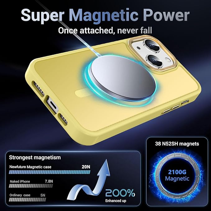Newfuture Magnetic for iPhone 15 Case [Compatible with Magsafe] [Military Grade Drop Protection] Translucent Matte Anti-Fingerprint Shockproof Phone Case for iPhone 15 6.1 inch, Yellow