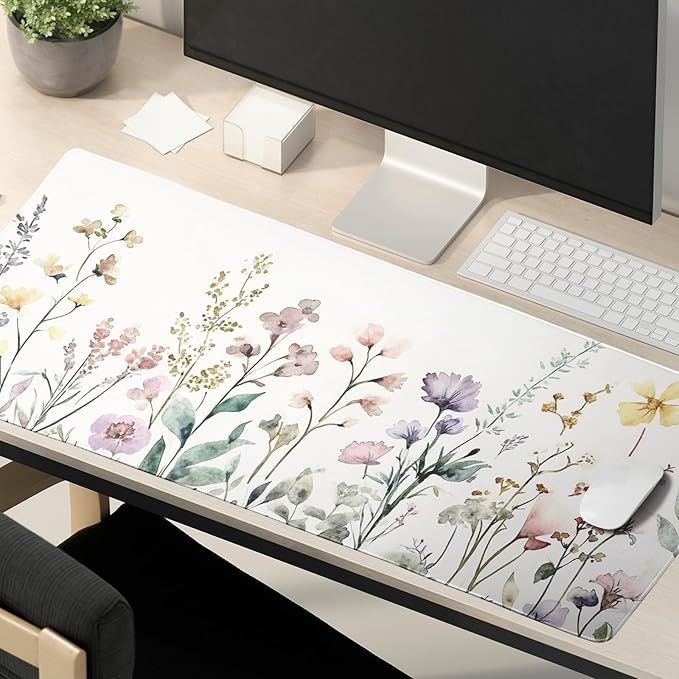 Floral Desk Mat Beige Boho Desk Pad Large Extended Gaming Mouse Pad XL Cute Minimalist Flowers Keyboard Mat 31.5x11.8 Inch Boho Esthetics Mousepad Big Keyboard Mouse Mat for Home Office Work Game