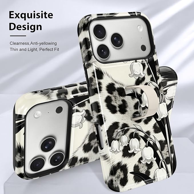 KANGHAR Compatible with iPhone 17 Pro Case, Support for MagSafe, Silicone Leopard Flower Cool Pattern, Finger Hold Wristband Kickstand Camera Protection Soft Slim Phone Case for Girls Women -Black