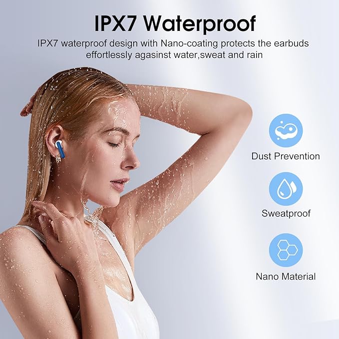 Wireless Earbuds, Bluetooth 5.4 Headphones with 3D Bass Stereo, Bluetooth Earbuds with 4 ENC Noise Cancelling Mic, 40H Ultralight In-Ear Buds USB-C LED, IP7 Waterproof Earphones for Android iOS, Blue
