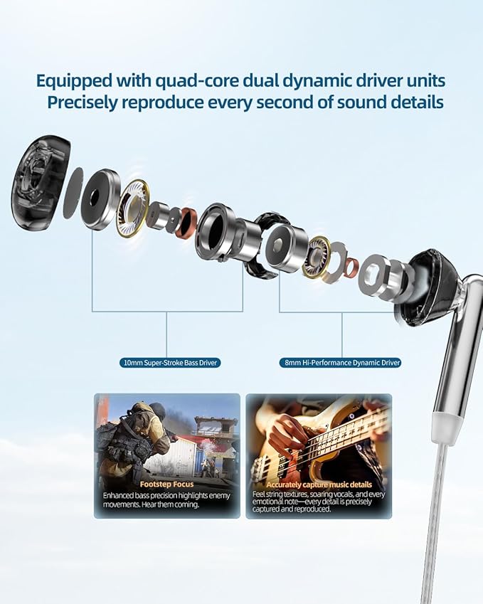 KZ Duet USB C Headphones, Wired Earbuds for Samsung S25 S24 S23 FE S22 S21 S20 A53 A54 Type C Noise Isolating Fit IEM Built-in DSP Sound Card with EQ for iPhone 17 16 Pro Pixel 9 Pro (White, DSP Mic)