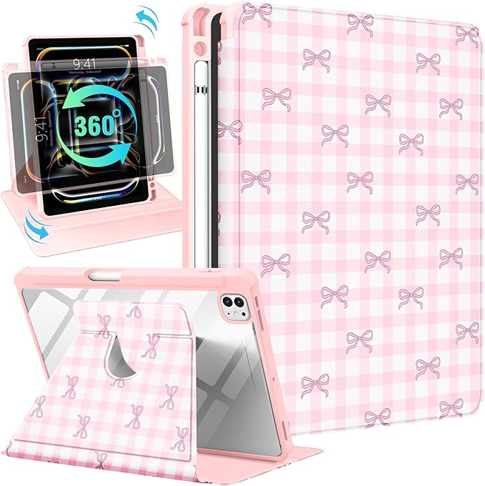 Uppuppy for iPad Pro M4/M5 Case 11 inch - 360 Degree Rotating Stand Folio Smart Cover with Pencil Holder for Women Girls, Pink Bow Checkered for iPad Pro 11 inch Case 2024 M4/2025 M5