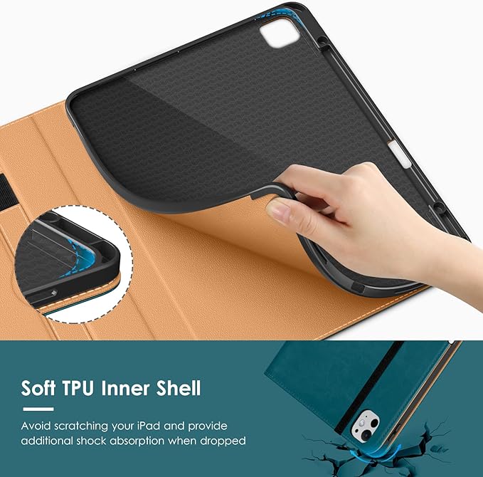 VIKESI Case for iPad Pro 13 (M4) 2024, Leather Stand Cover with Apple Pencil Holder, Auto Wake/Sleep, Multiple Viewing Angles, Built in Hand Strap & Pocket, Teal