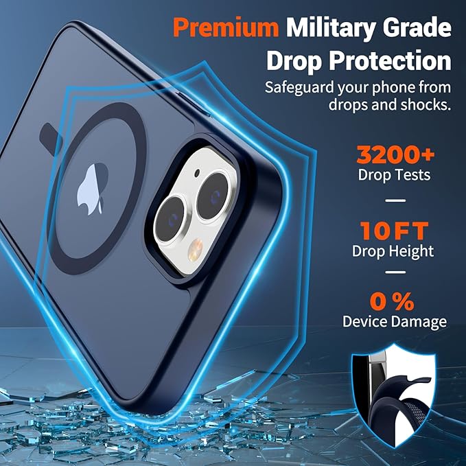 SUPFINE Magnetic for iPhone 14 Case & iPhone 13 Case (Compatible with MagSafe)(Military Grade Drop Protection) Translucent Matte Shockproof Phone Cover,Dark Blue