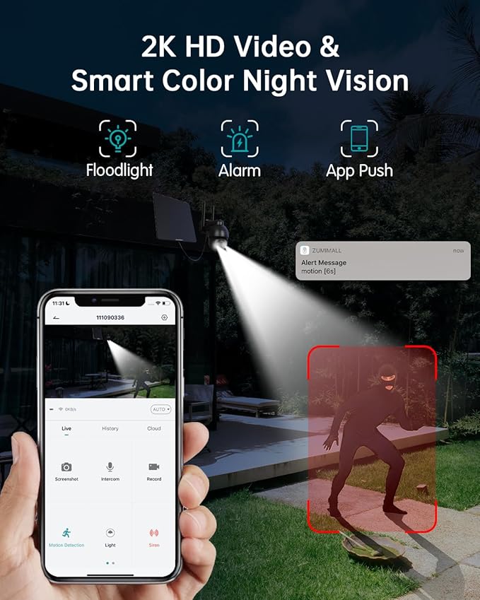 ZUMIMALL 4G LTE Cellular Security Cameras Wireless Outdoor, 2K No WiFi Cameras for Home Security with 360° View, Color Night Vision, 2-Way Talk, AI Detection, Built in SIM Card, Black