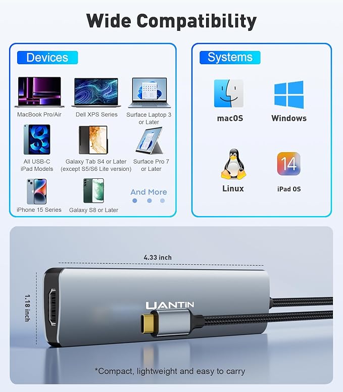 UANTIN USB C Hub 7 in 1 Multiport Adapter with 4K HDMI Dongle, 100W PD, SD/TF Card Reader, 3 USB-A, USBC Docking Station for MacBook Mac Pro/Air, Dell, HP, ASUS, Acer and Other Type C Laptops